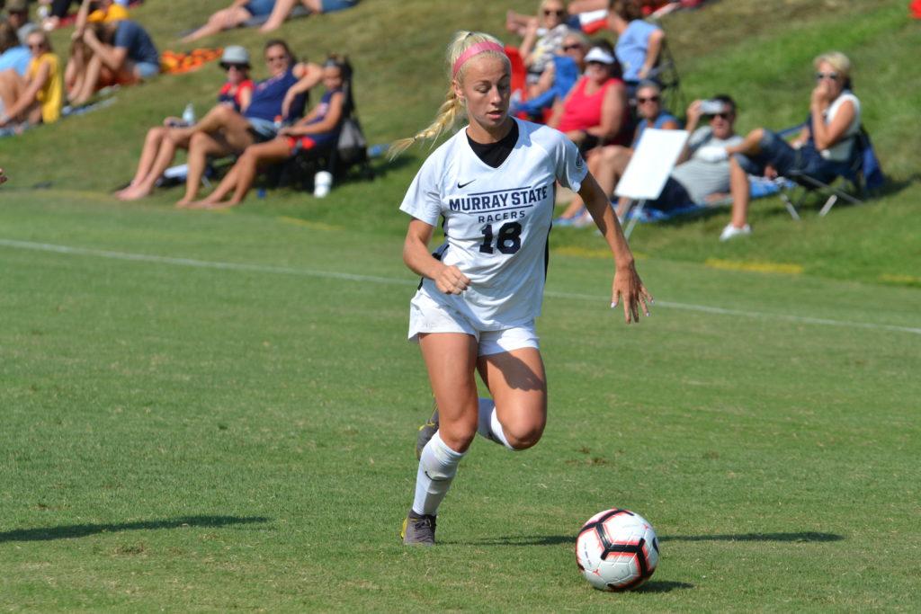 Freshman forward Lily Strader pushes the ball in a counter-attack against Ole Miss. (Photo by Lauren Morgan/TheNews)