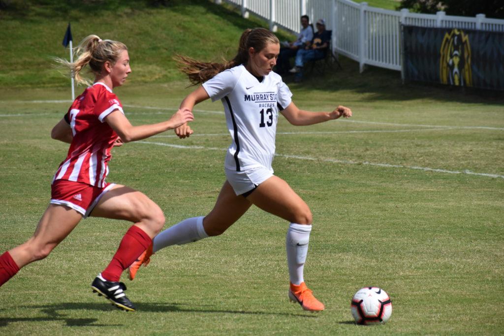 Freshman midfielder Lauren Payne pushes the ball towards the Racers back line. (Photo by Gage Johnson/TheNews)
