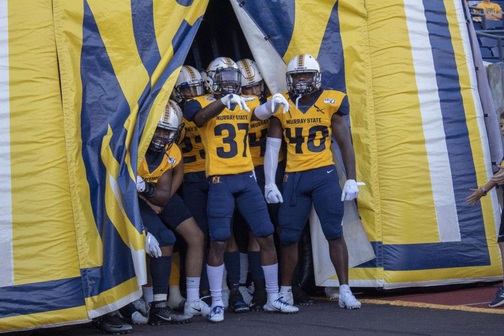 The Murray State Football team gets ready to storm the field for its season opener against Pikeville. (Photo by Mackenzie ODonley/TheNews)

