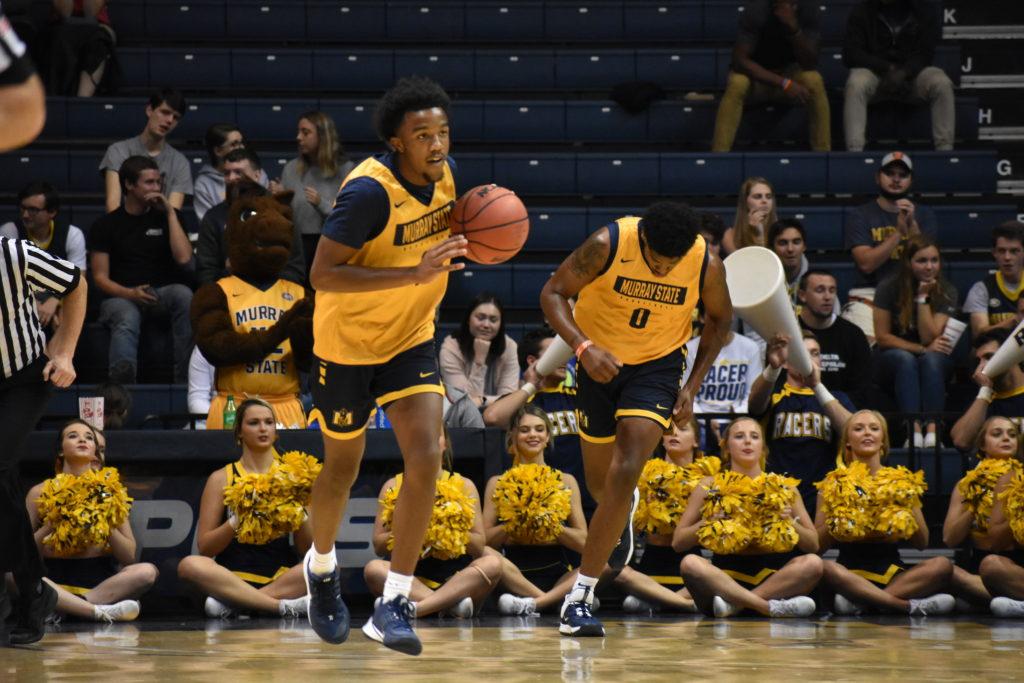 Chico Carter and Demond Robinson make their way up-court to play offense at Racer Mania. (Photo by Gage Johnson/TheNews)