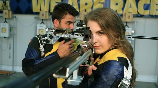 Seniors Meike Drewell and Shelby Huber are co-captains for rifle this season. (Photo courtesy of Racer Athletics)