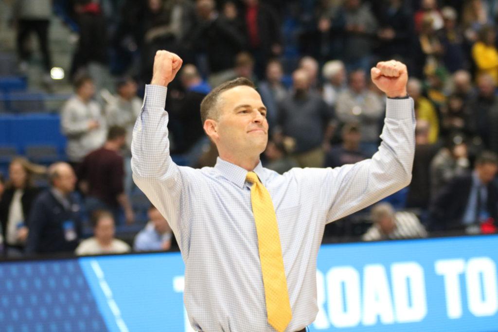 Head Coach Matt McMahon celebrates after Murray States NCAA Tournament win against Marquette. (Photo by Gage Johnson/TheNews)