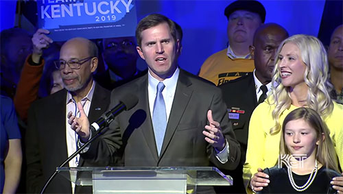 Governor-elect Andy Beshear gave his acceptance speech in Louisville, Kentucky on Nov. 5. (Photo courtesy of KET)