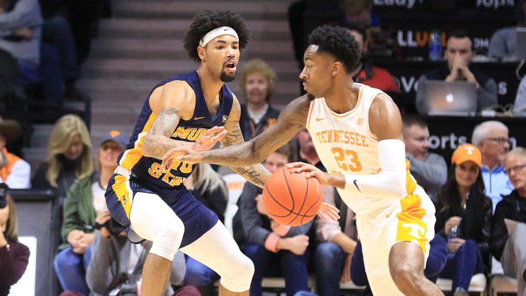 Senior guard Jordan Bowden attempts to drive by sophomore guard Tevin Brown. (Photo courtesy of Racer Athletics)