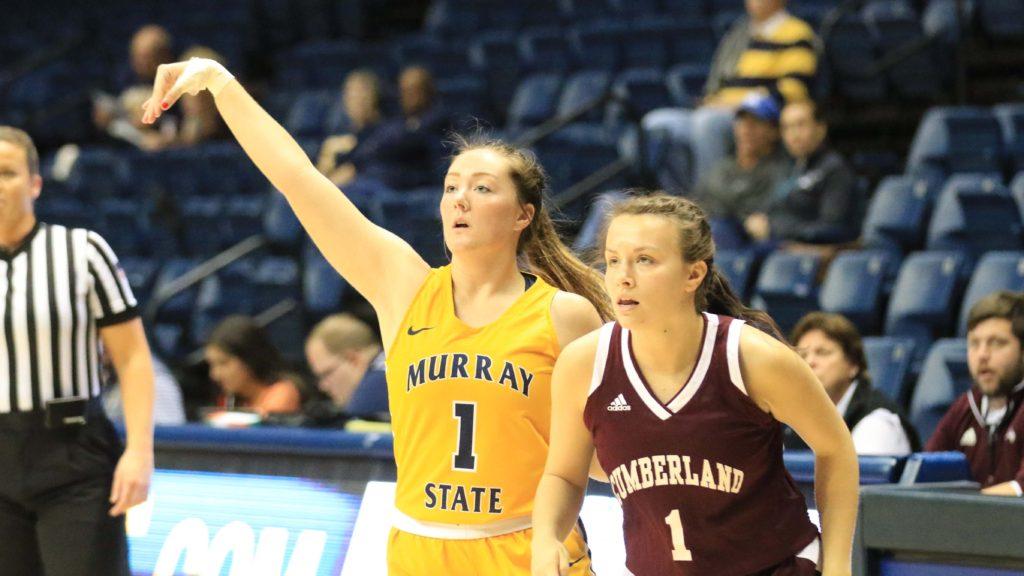 Sophomore guard Reagan Blackburn follows through and watches her three point attempt at the CFSB Center. (Photo courtesy of Racer Athletics)