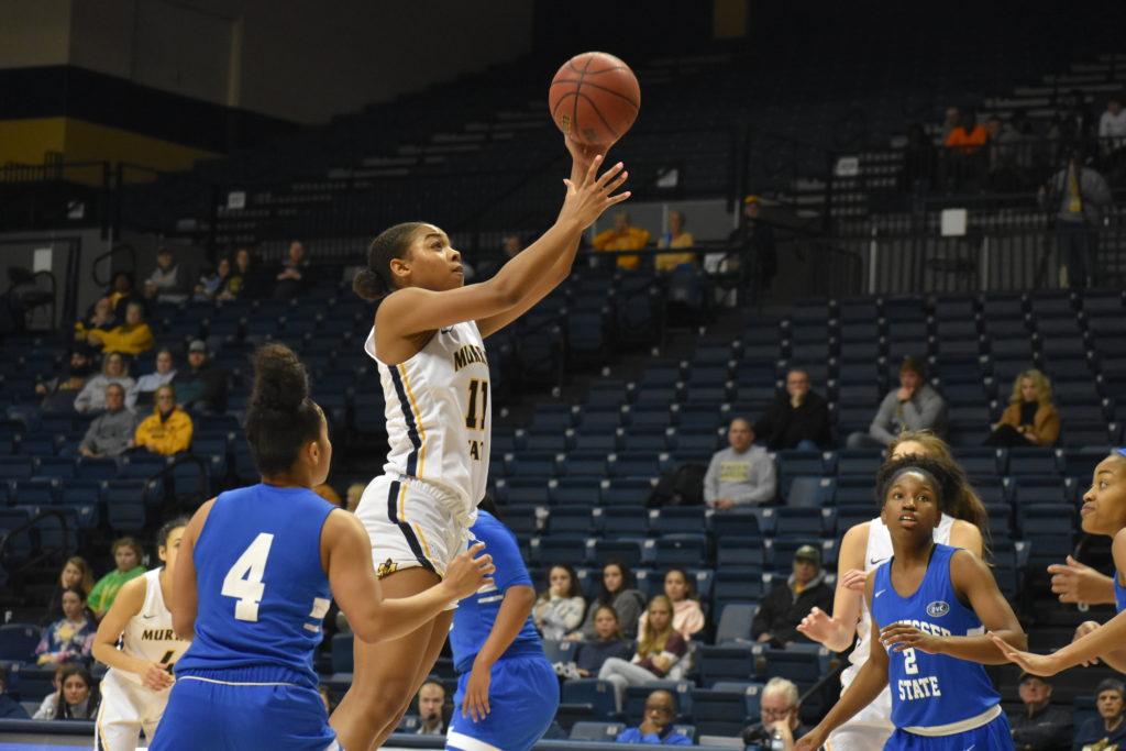 Junior forward Laci Hawthorne shoots a left-handed post hook against TSU. (Photo by Gage Johnson/TheNews)