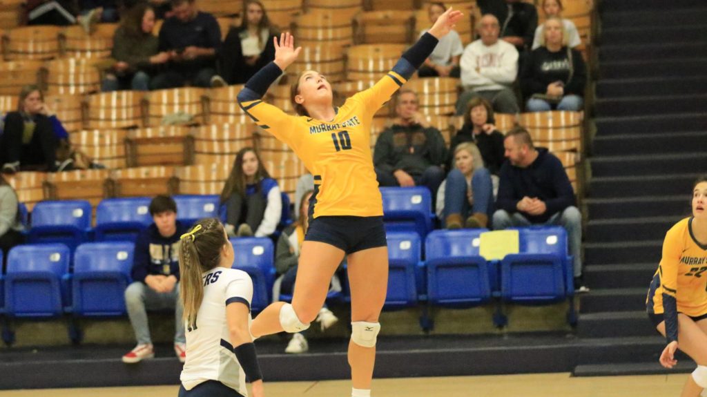 Giustino goes up to spike the ball at Racer Arena. (Photo courtesy of Racer Athletics)