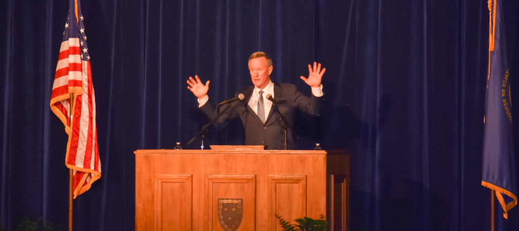 Admiral William McRaven gives a lecture as part of the presidential lecture series. (Paige Bold/The News)