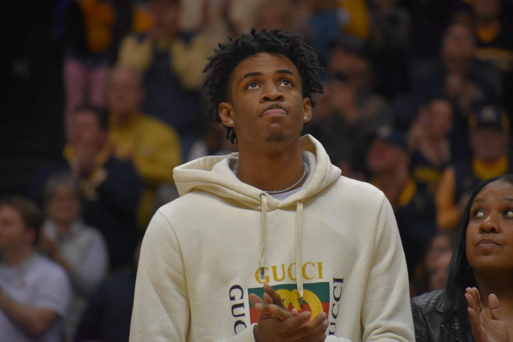 Ja Morant watches the tribute video before his jersey is retired in the CFSB Center. (Photo by Jillian Rush/TheNews)