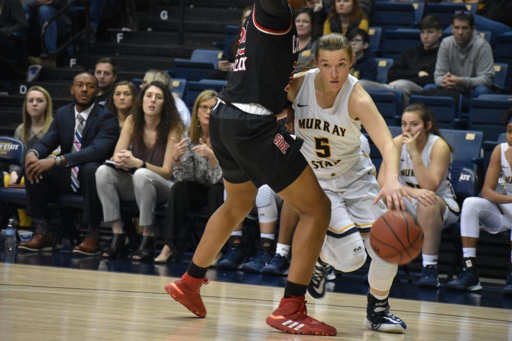 Sophomore point guard Macey Turley drives baseline against SIUE. (Photo by Gage Johnson/TheNews)