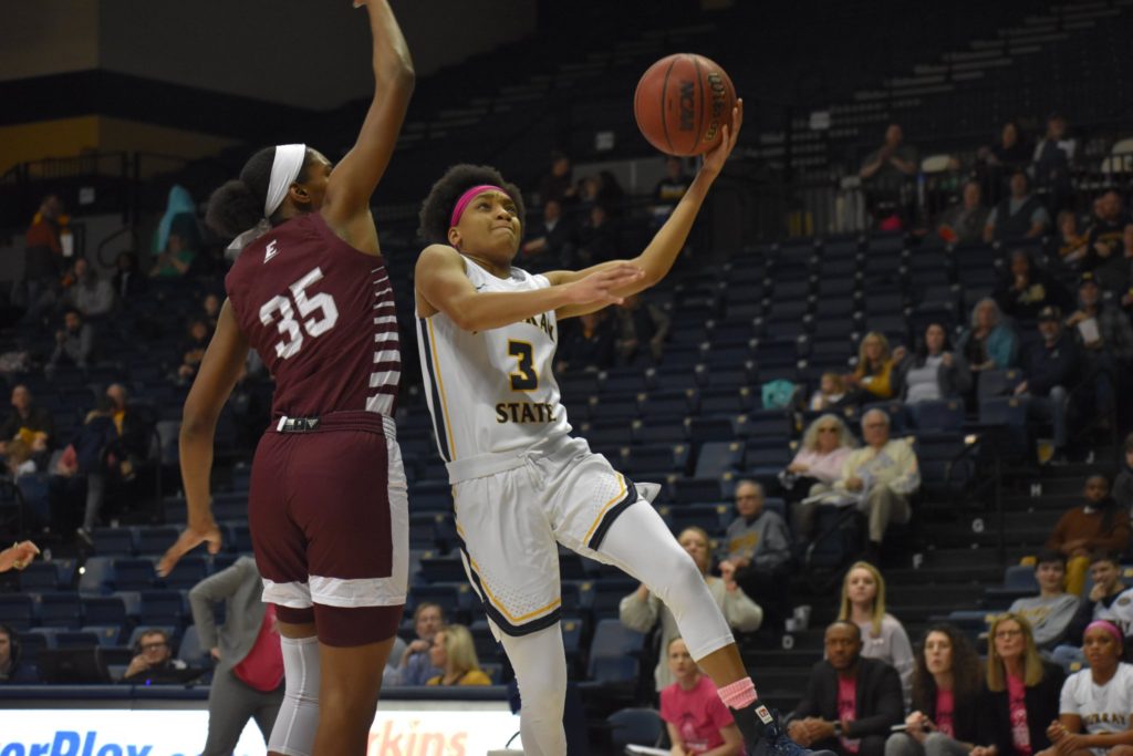 Junior guard Ashley Hunter  shoots a contested layup against EKU. (Photo by Gage Johnson/The News)