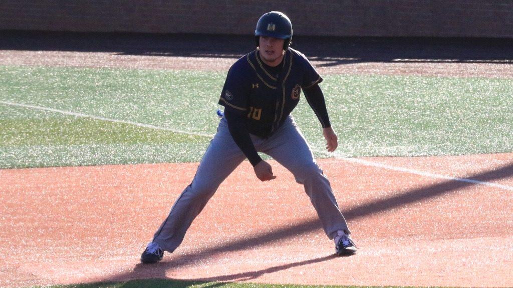 Senior outfielder Ryan Perkins watches a pitch while on base. (Photo courtesy of Racer Athletics)