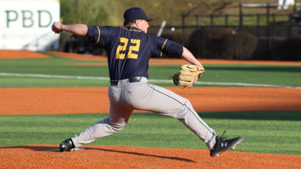 Sophomore pitcher Shane Burns strides out and gets ready to throw a pitch against Southern Mississippi. (Photo courtesy of Racer Athletics)
