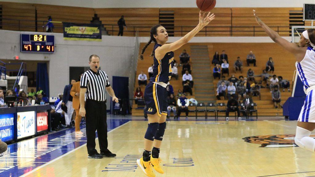 Sophomore guard Lex Mayes attempts a three against TSU. (Photo courtesy of Racer Athletics)