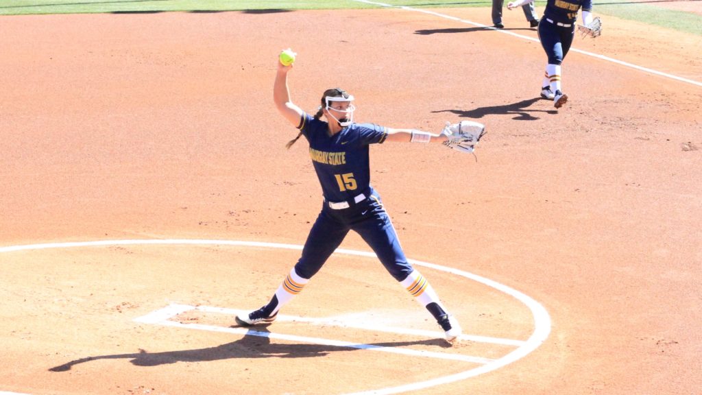 Sophomore+pitcher+Hannah+James+throws+a+pitch+against+Missouri+State.+%28Photo+courtesy+of+Racer+Athletics%29