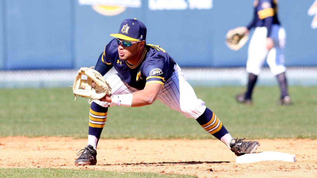 Redshirt junior infielder Jordan Holly awaits a throw to tag out a runner. (Photo courtesy of Racer Athletics)