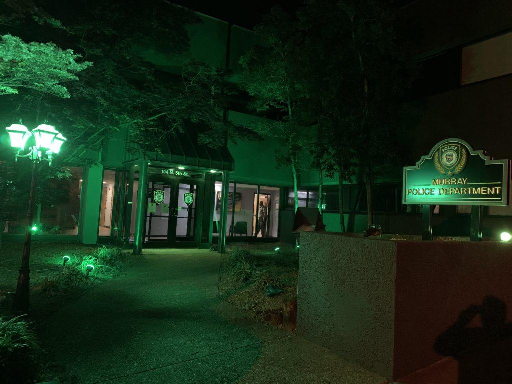 Murray Police Department lit police station green to support community. (Photo courtesy of  Sergeant Andrew Wiggins) 