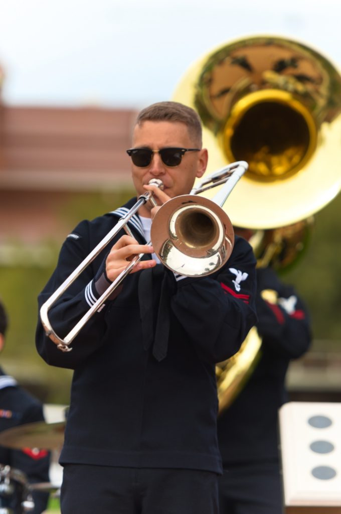 Alumnus Timothy Hutchens plays trombone for Navy Music Program. (Photo courtesy by Musician 2nd Class Ryan Miller)