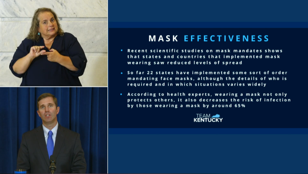 Gov. Andy Beshear discusses mask effectiveness during a press conference on July 9. 