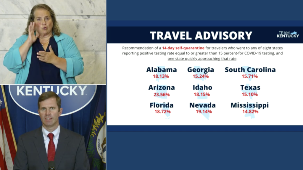 Gov. Andy Beshear announces travel advisory on Monday, July 20. (Photo courtesy of Andy Beshears livestream)