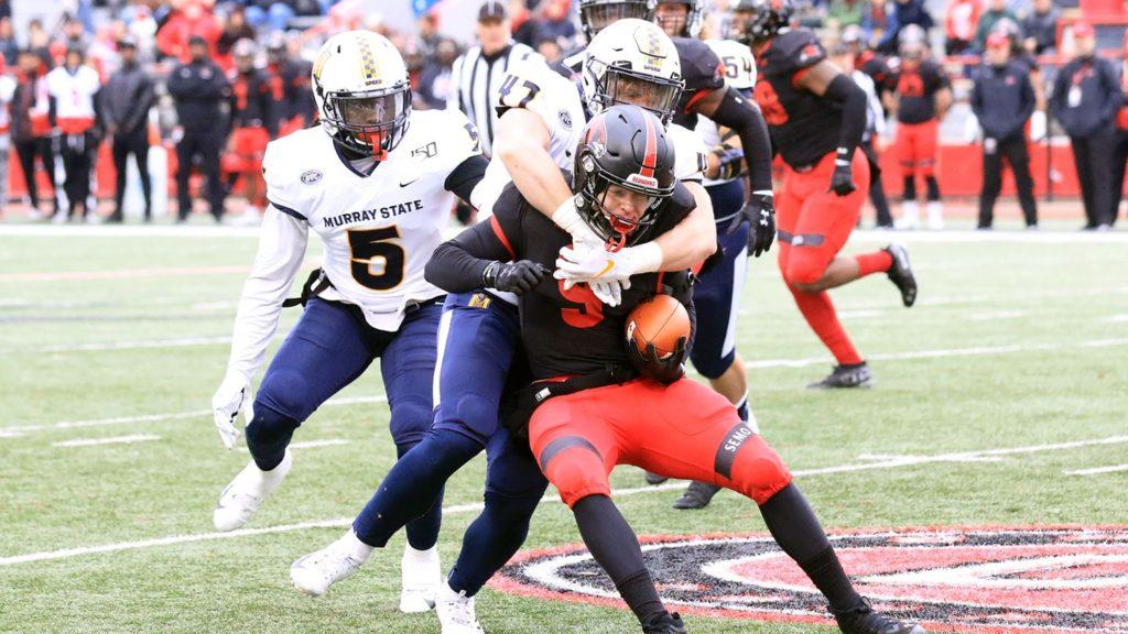 Anthony Koclanakis makes a tackle in a game against SEMO. (Photo courtesy of Dave Winder/Racer Athletics)