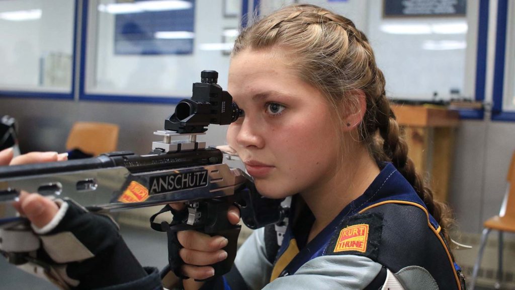 Freshman Emily Endecott prepares her shot in practice at Pat Spurgeon Rifle Range. (Photo courtesy of Racer Athletics)