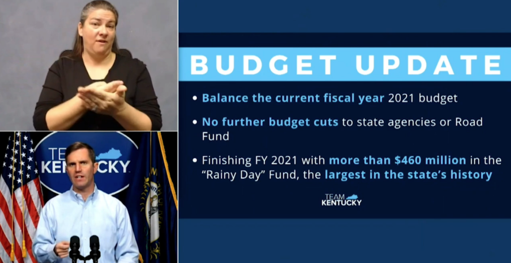 Facebook Livestream
Gov. Andy Beshear discussed the budget for fiscal year 2021 in a media briefing on Nov. 4. (Photos courtesy of Gov. Andy Beshear’s livestream)