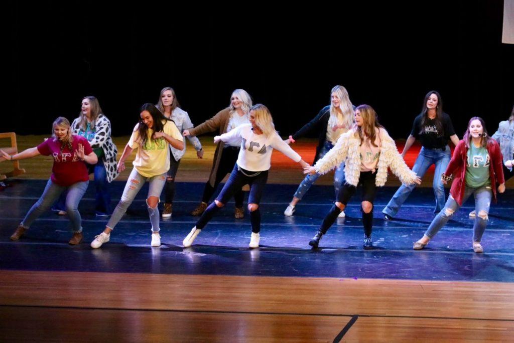 Alpha Gamma Delta seniors perform their traditional dance number at last year’s Rock-A-Thon. The philanthropy event will be held virtually this year on Friday, Nov. 13, because of COVID-19. (Photo courtesy of Kathryn Foster)