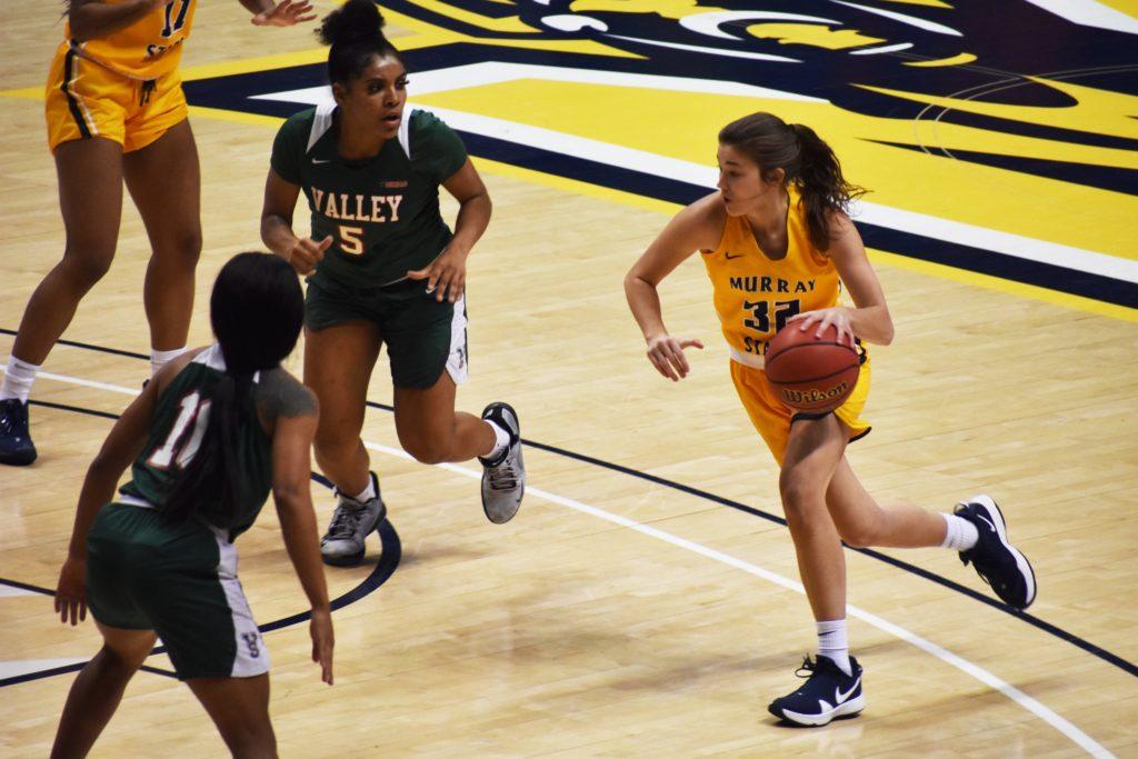 Junior forward Alexis Burpo drives to the basket against Mississippi Valley State. (Photo courtesy of Gage Johnson/TheNews)