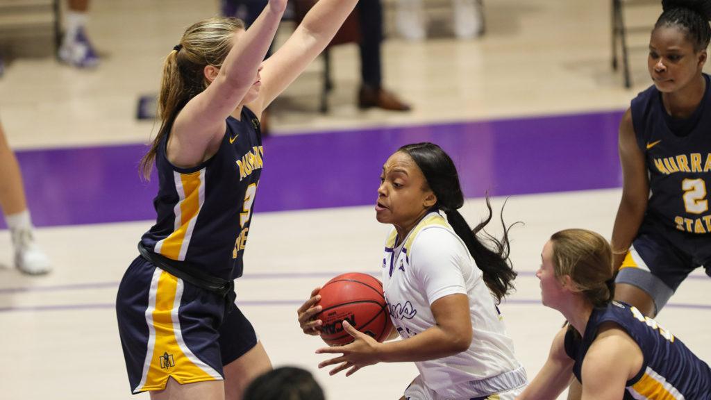 Freshman forward Katelyn Young stops a drive against the University of North Alabama. (Photo courtesy of Racer Athletics)
