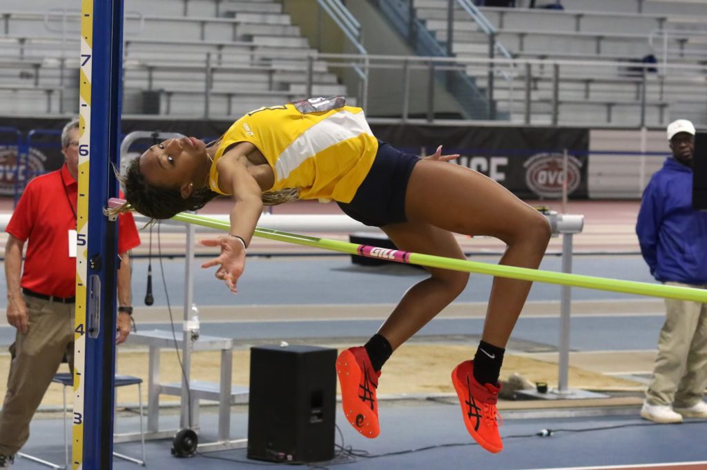 Sophomore Meghan Fletcher competes in the high jump at the Boo Rogers Combine Events. Fletcher went on to finish first in the high jump and fifth in the competition. (Photo courtesy of Racer Athletics)