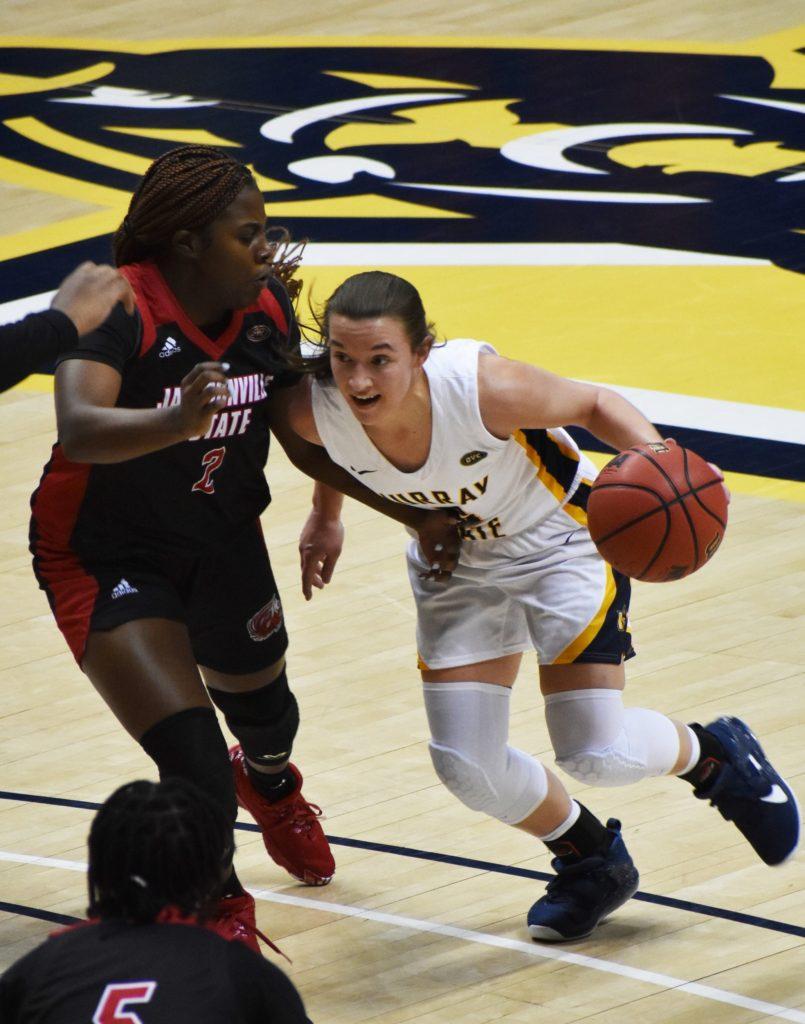 Junior guard Macey Turley takes a defender on the drive against Jacksonville State. (Photo courtesy of Gage Johnson/The News)
