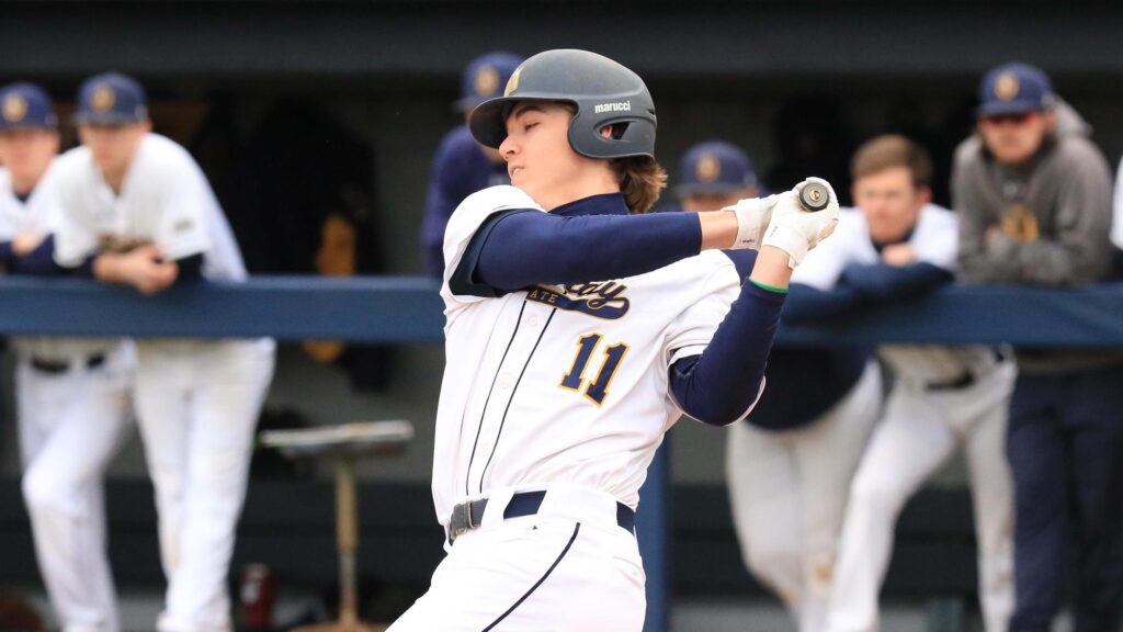 Senior infielder Bryson Bloomer takes a hack against Middle Tennessee. (Photo courtesy of Racer Athletics)