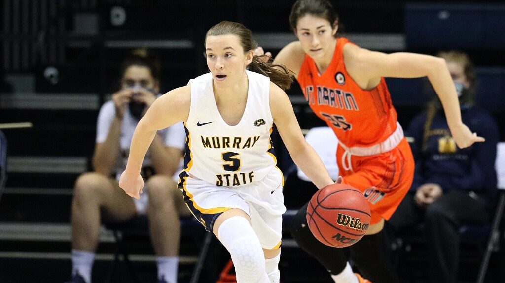 Junior guard Macey Turley pushes the ball up the court against UT Martin. (Photo courtesy of Racer Athletics)