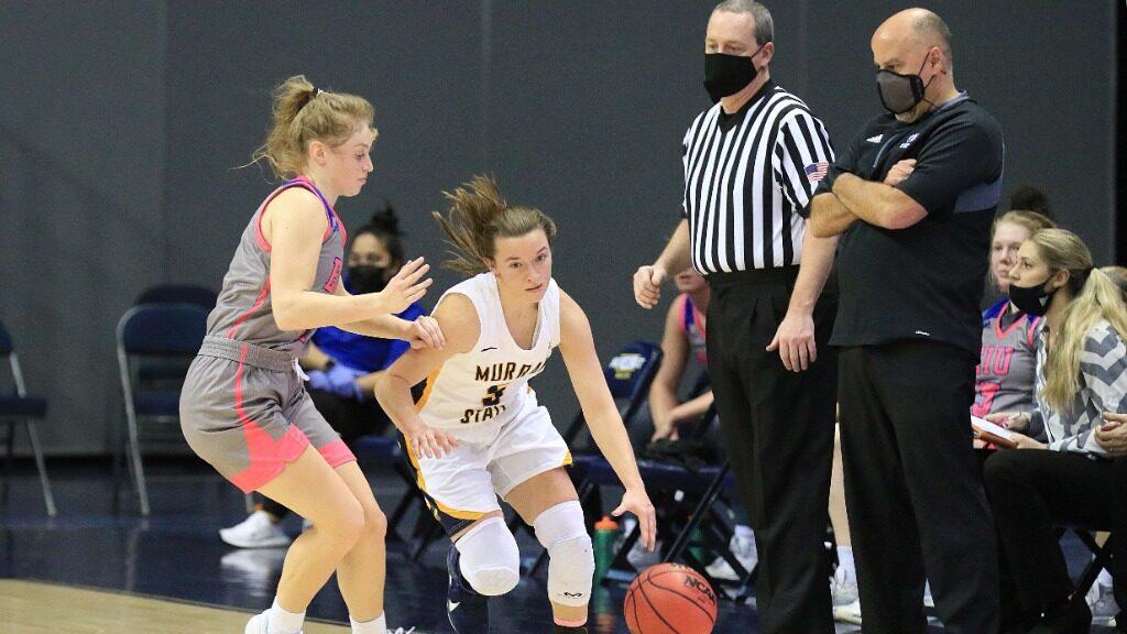 Junior guard Macey Turley pushes the ball up the sideline against EIU. (Photo courtesy of Racer Athletics)