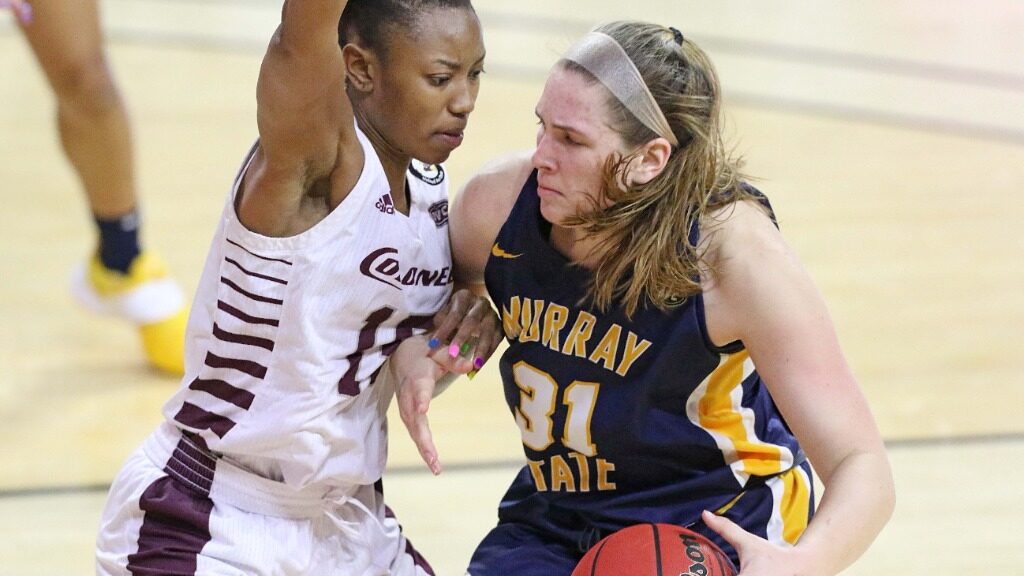 Freshman forward Katelyn Young battles inside against EKU. Young finished the game with 18 points and seven rebounds. (Photo courtesy of Racer Athletics)