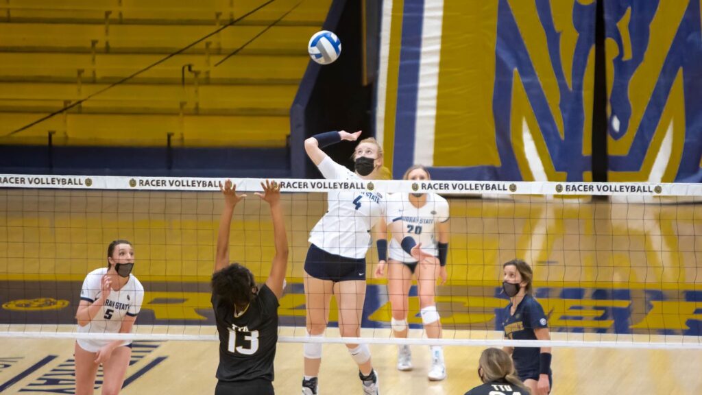 Freshman outside hitter Taylor Beasley goes for an attack against Tennessee State. (Photo courtesy of David Eaton)