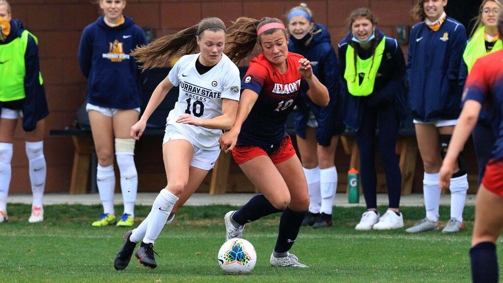 Senior midfielder Izzy Heckman moves the ball up the field against Belmont. (Photo courtesy of Racer Athletics)