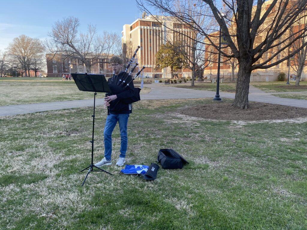 Potts was playing his bagpipes in the Quad on March 8. (Dionte Berry/The News)