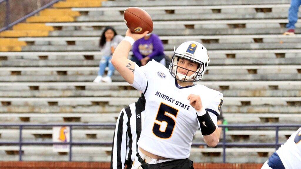 Redshirt junior quarterback Preston Rice makes a pass against Tennessee Tech. (Photo courtesy of Dave Winder/Racer Athletics)
