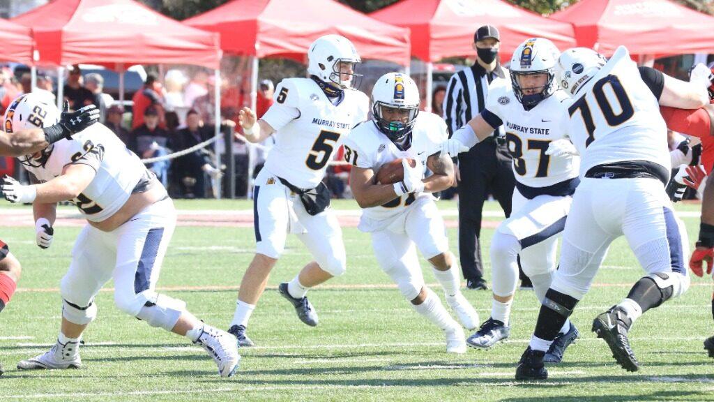 Freshman running back Demonta Witherspoon maneuvers through the defense in a run against SEMO. (Photo courtesy of Dave Winder/Racer Athletics)