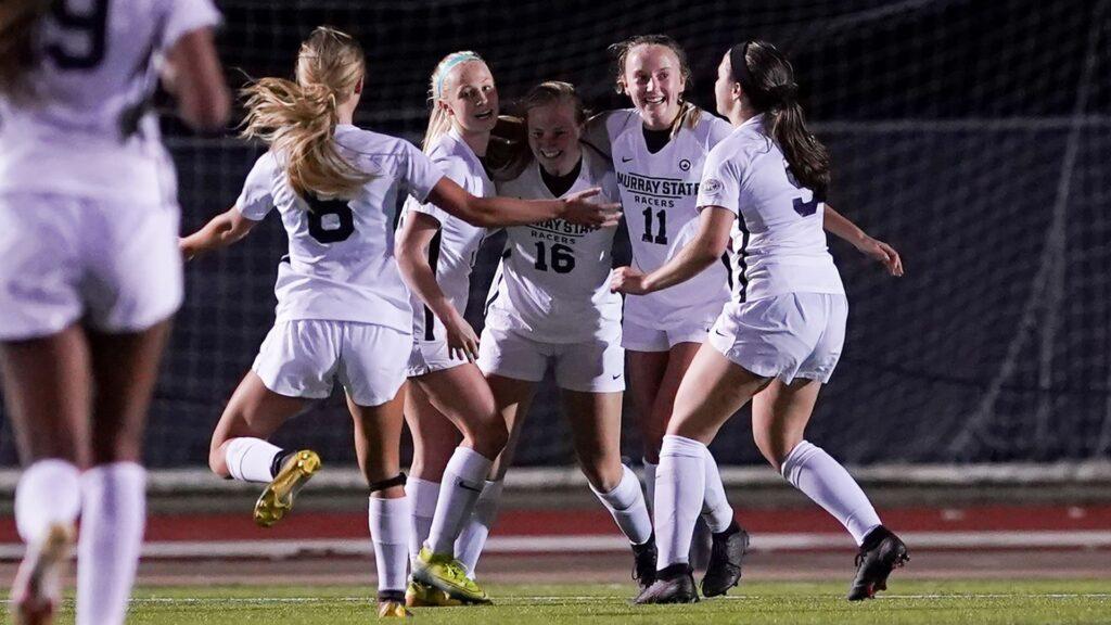 The Murray State soccer team celebrates a goal against SIUE. (Photo courtesy of Racer Athletics)