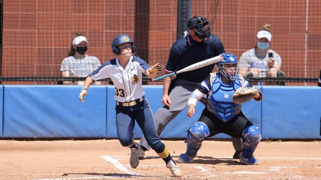 Senior outfielder Jensen Striegel breaks out of the batters box after hitting a ball to the outfield. (Photo courtesy of Sandy King)