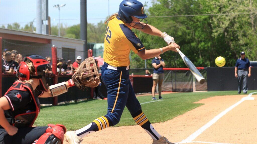 Senior shortstop Sierra Gilmore hits one to right field against SEMO. (Photo courtesy of Racer Athletics)