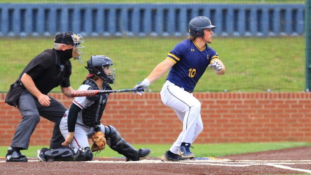 Senior outfielder Ryan Perkins breaks out of the batters box after putting a ball in play against SIU. (Photo courtesy of Racer Athletics)