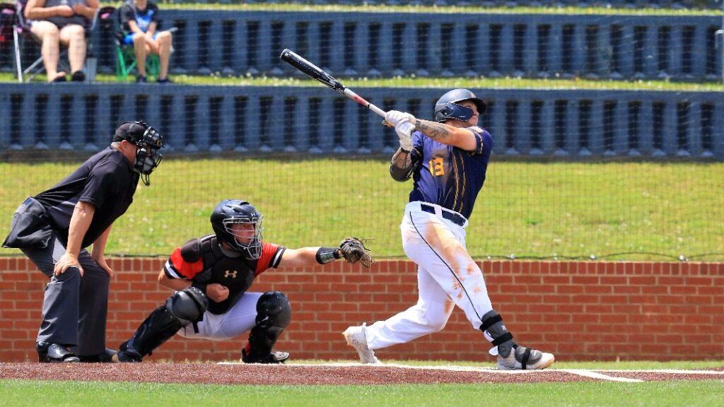 Redshirt junior first baseman Trey Woosley hits a home run in the second game against Austin Peay. (Photo courtesy of Racer Athletics)