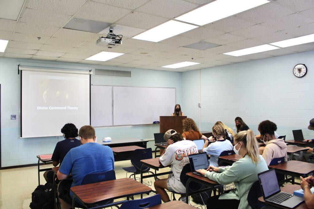  Above is Assistant Philosophy Professor, Michelle Panchuk preparing to teach her ethics class. (Dionte Berry/The News)
