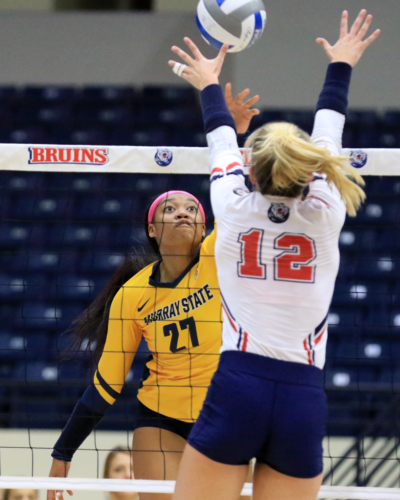 Sophomore outside hitter Jayla Holcombe recorded 25 kills in the Racers two games against Belmont. Photo courtesy of Racer Athletics.