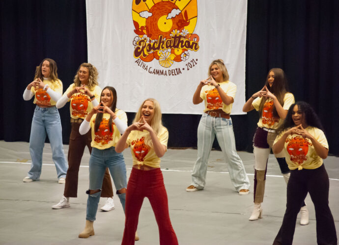 Alpha Gamma Delta performs their routine at the annual fundraising Rockathon event on Nov. 30 (Rachel Essner/The News).