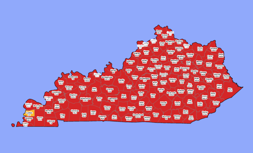 As of Feb. 8, almost all of the counties in Kentucky are in the red zone for COVID-19 cases, except for Carlisle County. Calloway County is included in the red zone (Photo courtesy of kycovid19.ky.gov).